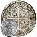 8 реалов 1704-1713, Отметка монетного двора "S" - Севилья [Испания]
