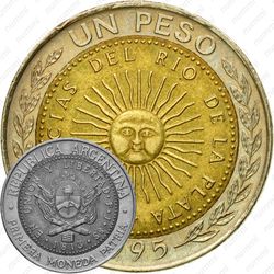 1 песо 1995, B, знак монетного двора: "B". Правильная надпись "PROVINCIAS" [Аргентина]
