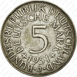 5 марок 1951, J, знак монетного двора: "J" - Гамбург [Германия] - Реверс