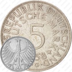 5 марок 1958, G, знак монетного двора: "G" - Карлсруэ [Германия]