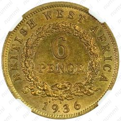 6 пенсов 1936, H, знак монетного двора: "H" - Хитон, Бирмингем [Британская Западная Африка] - Реверс