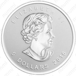 5 долларов 2016, год обезьяны (Canadian Silver Maple Leaf (кленовый лист))