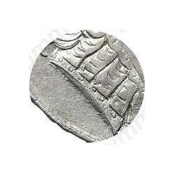 Серебряная монета 1 рубль 1729, тип 1729 года, портрет с орденской лентой (лисий нос), заклепки над обрезом рукава, звезды разделяют надпись реверса