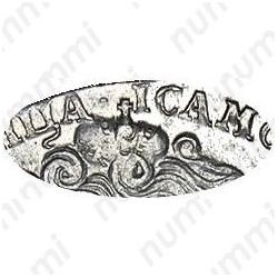 1 рубль 1734, тип 1734 года, голова меньше (переходный портрет), крест короны разделяет надпись, 5 жемчужин в волосах