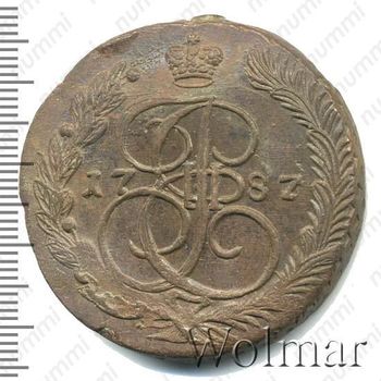 Медная монета 5 копеек 1787, ЕМ, орёл 1780-1787, старого образца, реверс: вензель и корона меньше