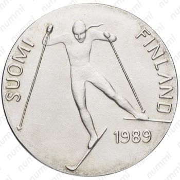 100 марок 1989, лыжи - Аверс
