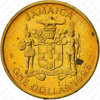 1 доллар 1993, Сталь с латунным покрытием (магнетик) [Ямайка] - Аверс