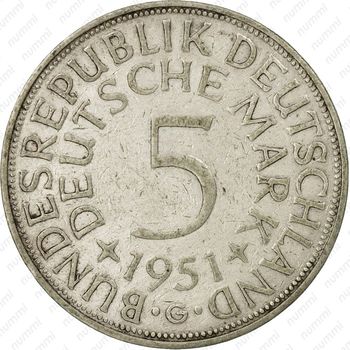 5 марок 1951, G, знак монетного двора: "G" - Карлсруэ [Германия] - Реверс