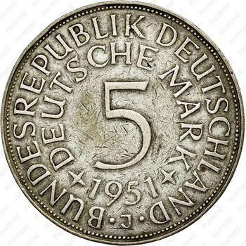 5 марок 1951, J, знак монетного двора: "J" - Гамбург [Германия] - Реверс