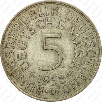 5 марок 1958, D, знак монетного двора: "D" - Мюнхен [Германия] - Реверс