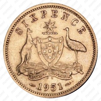 6 пенсов 1951, PL, знак монетного двора: "PL" - Лондон [Австралия] - Реверс