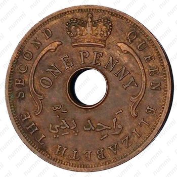 1 пенни 1957, H, знак монетного двора: "H" - Хитон, Бирмингем [Британская Западная Африка] - Аверс
