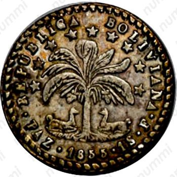1 суэльдо 1855, Отметка МД "PAZ" - Ла-Пас, без венка на голове [Боливия] - Реверс