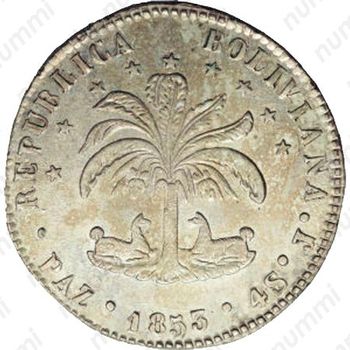 4 суэльдо 1853, Отметка МД "PAZ" - Ла-Пас, без венка на голове [Боливия] - Реверс