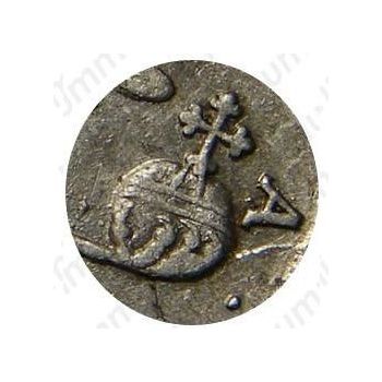 Серебряная монета полтина 1736, без кулона на груди, крест державы узорчатый, реверс: легенда разделена точками