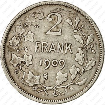 2 франка 1909, надпись на голландском - "DER BELGEN" [Бельгия] - Реверс